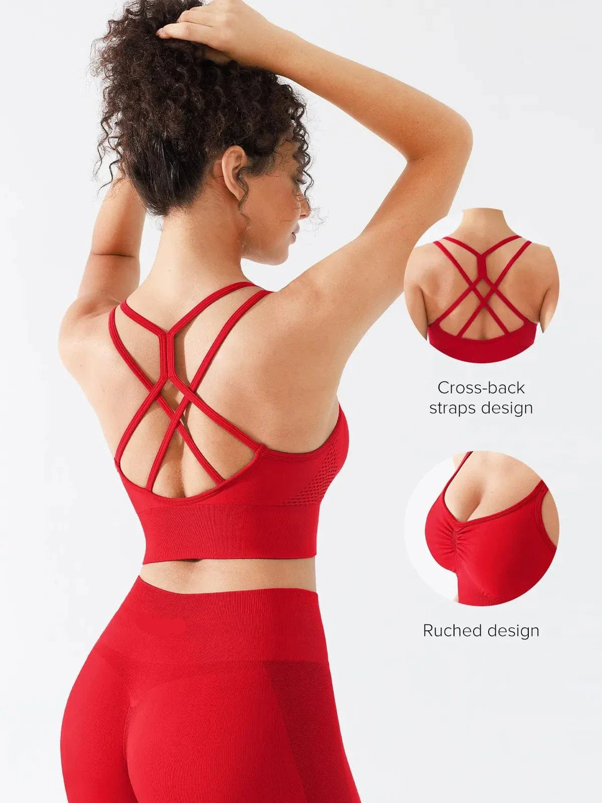 Red seamless criss-cross spaghetti racerback sports bra, back view with cross-back straps and ruched detail